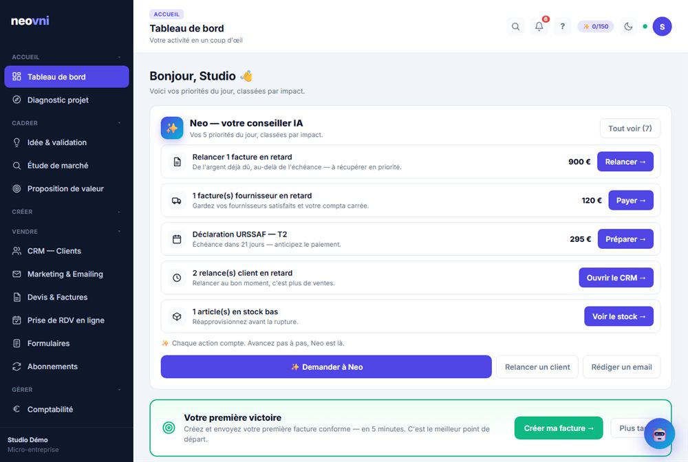 Tableau de bord IA Neo : Neo, le conseiller IA, affiche les priorités du jour d'un indépendant